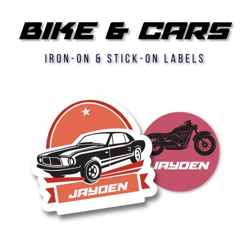 Iron-on & Stick-on Labels Value Pack Bike and Car Iron-on & Stick-on Labels Value Pack Bike and Car
